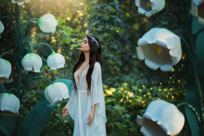 Beautiful,Elf,Girl.,Long,Hair,Walks,In,Fantasy,Spring,Forest.